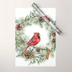 Cardinal Christmas Wreath, Floral Prints Wrapping Paper Gallery Image 1