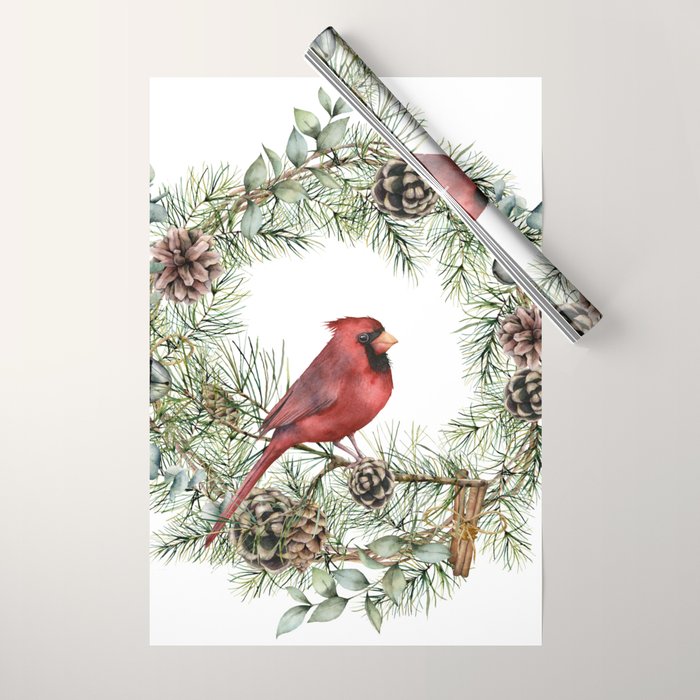 Cardinal Christmas Wreath, Floral Prints Wrapping Paper Gallery Image 1