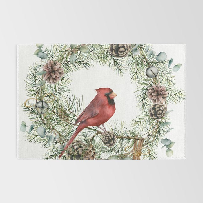Cardinal Christmas Wreath, Floral Prints Rug Gallery Image 2
