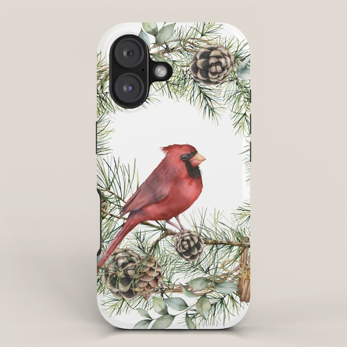 Cardinal Christmas Wreath, Floral Prints iPhone Case Gallery Image 1
