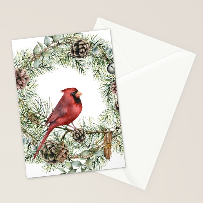 Cardinal Christmas Wreath, Floral Prints Stationery Card Gallery Image 2