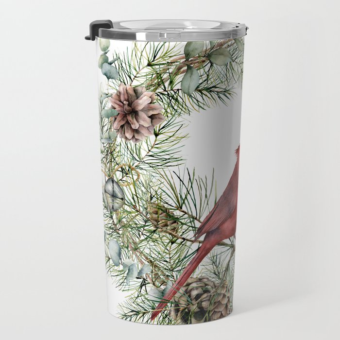 Cardinal Christmas Wreath, Floral Prints Travel Mug Gallery Image 3