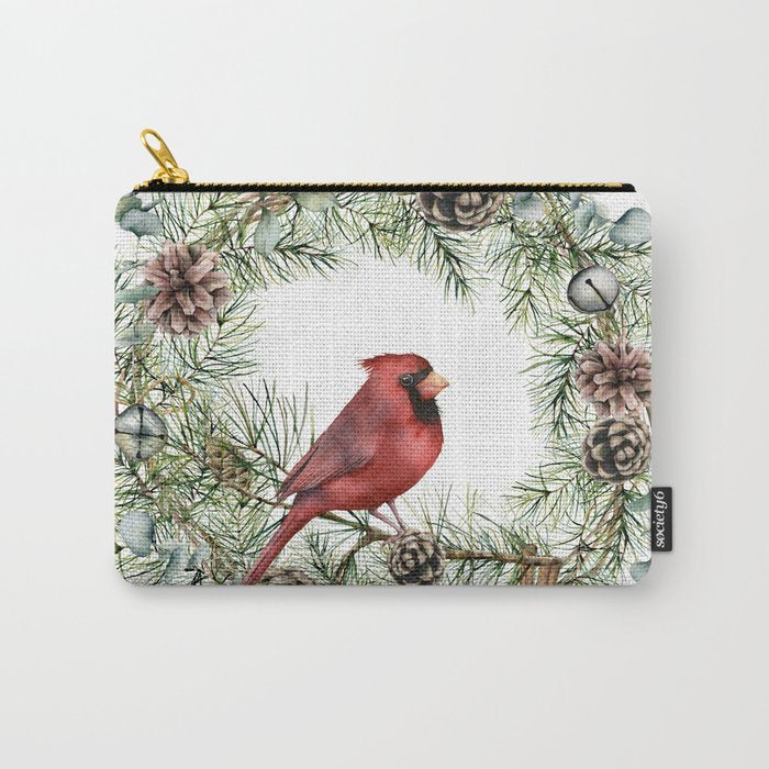 Cardinal Christmas Wreath, Floral Prints Carry All Pouch Gallery Image 1