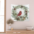 Cardinal Christmas Wreath, Floral Prints Wall Tapestry Gallery Image 2