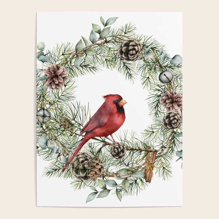Cardinal Christmas Wreath, Floral Prints Poster Gallery Image 4