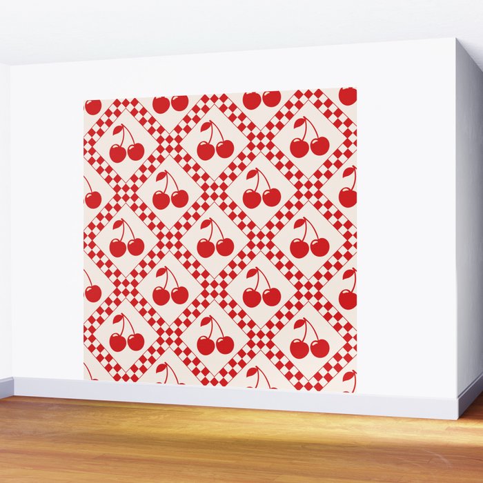 Red Cherries & Beige Checker Wall Mural Gallery Image 2