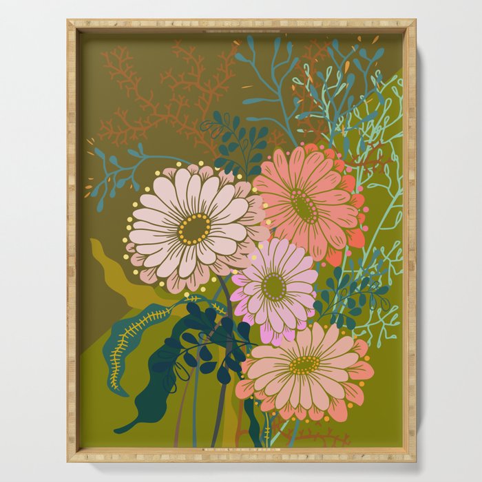 Vintage Bouquet of flowers in warm green colors Serving Tray Gallery Image 1