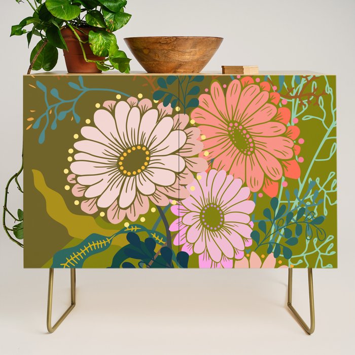 Vintage Bouquet of flowers in warm green colors Credenza Gallery Image 1