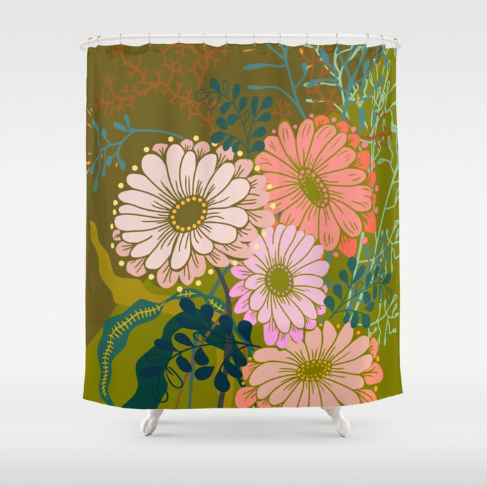 Vintage Bouquet of flowers in warm green colors Shower Curtain Gallery Image 1