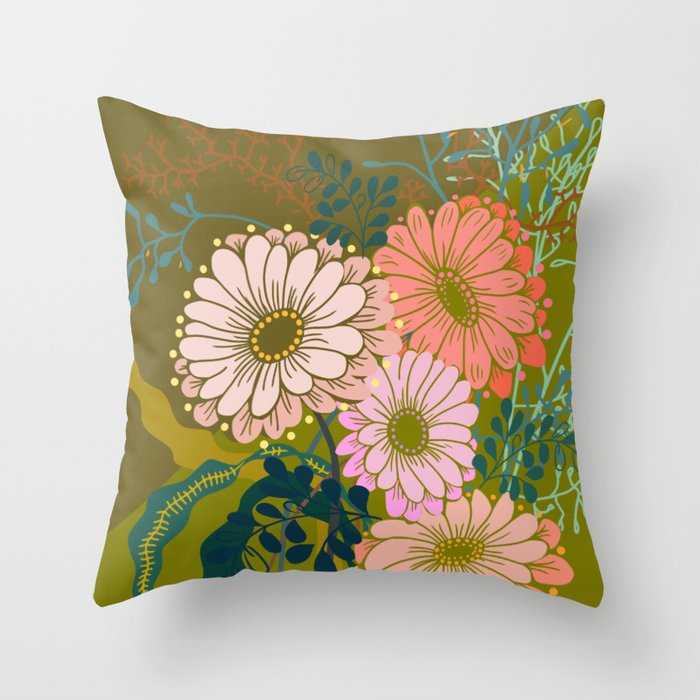 Vintage Bouquet of flowers in warm green colors Throw Pillow Gallery Image 1
