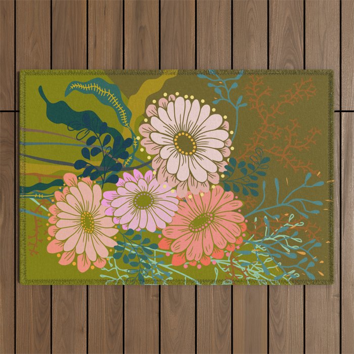 Vintage Bouquet of flowers in warm green colors Outdoor Rug Gallery Image 1