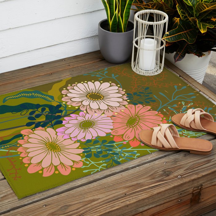 Vintage Bouquet of flowers in warm green colors Outdoor Rug Gallery Image 2