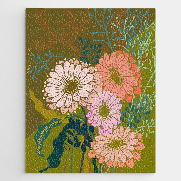 Vintage Bouquet of flowers in warm green colors Jigsaw Puzzle Gallery Image 1