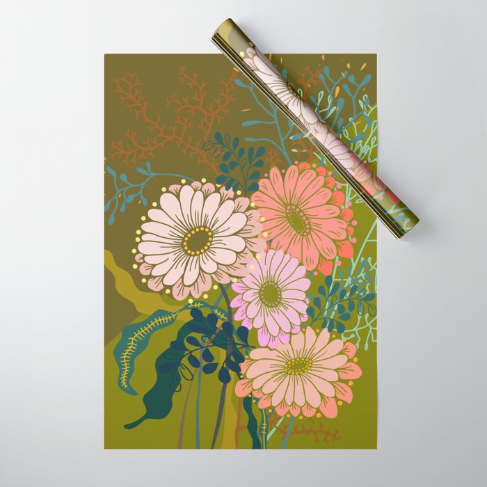 Vintage Bouquet of flowers in warm green colors Wrapping Paper Gallery Image 1