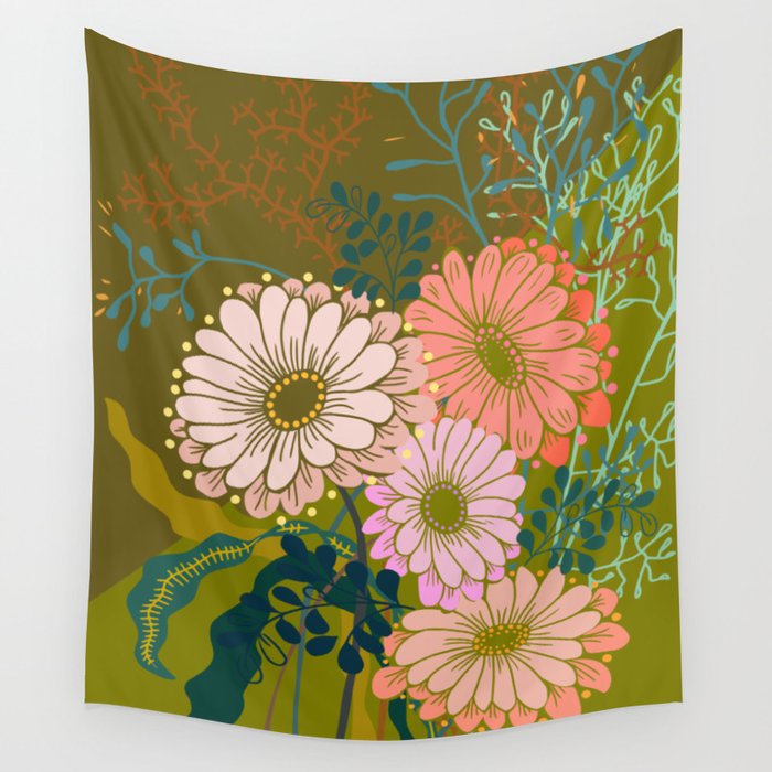 Vintage Bouquet of flowers in warm green colors Wall Tapestry Gallery Image 4