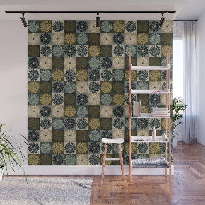 Retro Flowers Check Pattern V Wall Mural Gallery Image 1