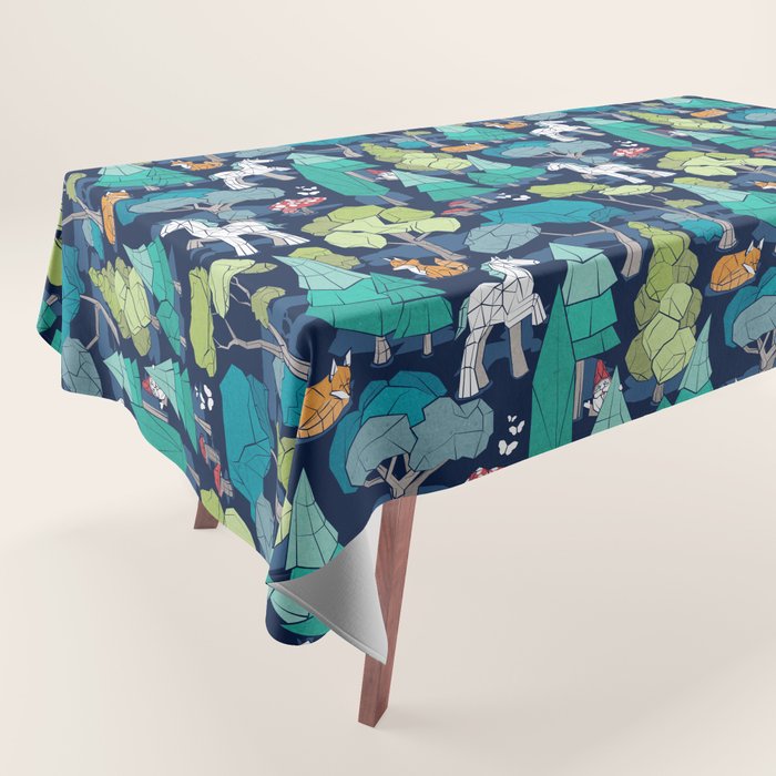 Geometric whimsical wonderland // navy blue background green forest with unicorns foxes gnomes and mushrooms Tablecloth Gallery Image 1