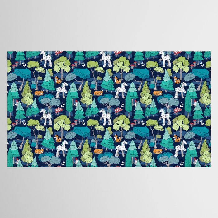 Geometric whimsical wonderland // navy blue background green forest with unicorns foxes gnomes and mushrooms Tablecloth Gallery Image 2