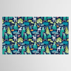 Geometric whimsical wonderland // navy blue background green forest with unicorns foxes gnomes and mushrooms Tablecloth Gallery Image 2