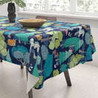 Geometric whimsical wonderland // navy blue background green forest with unicorns foxes gnomes and mushrooms Tablecloth Gallery Image 3