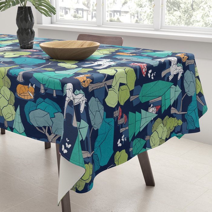 Geometric whimsical wonderland // navy blue background green forest with unicorns foxes gnomes and mushrooms Tablecloth Gallery Image 3