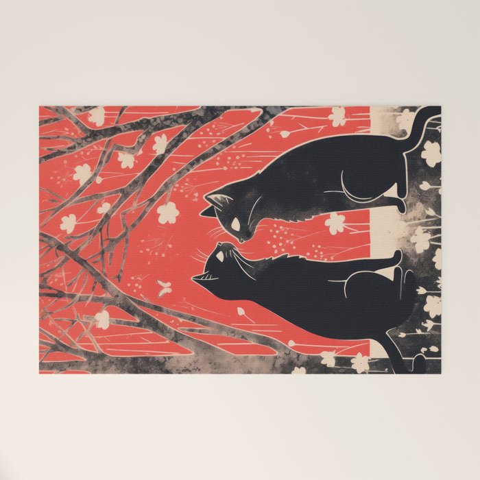 Forest Blossom Black Cat Pair Welcome Mat Gallery Image 1