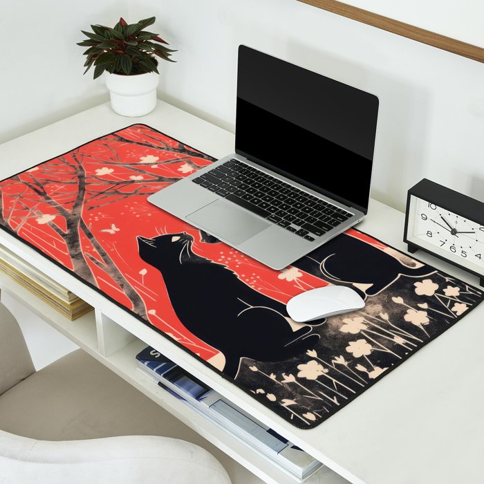 Forest Blossom Black Cat Pair Desk Mat Gallery Image 2