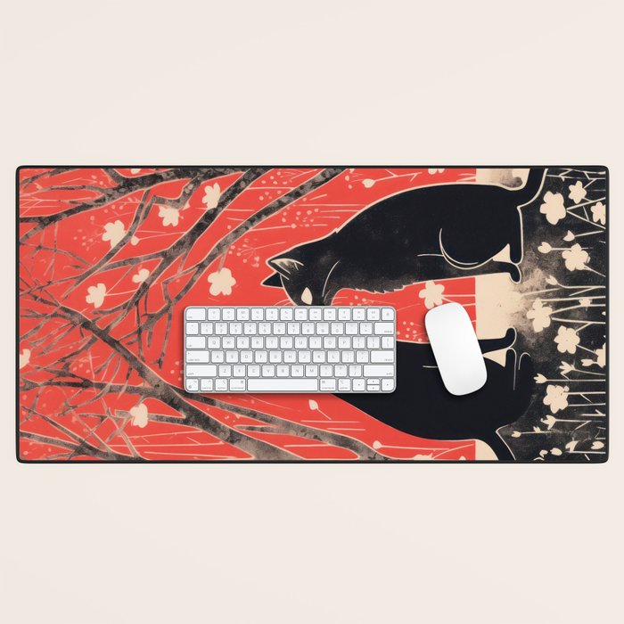 Forest Blossom Black Cat Pair Desk Mat Gallery Image 1