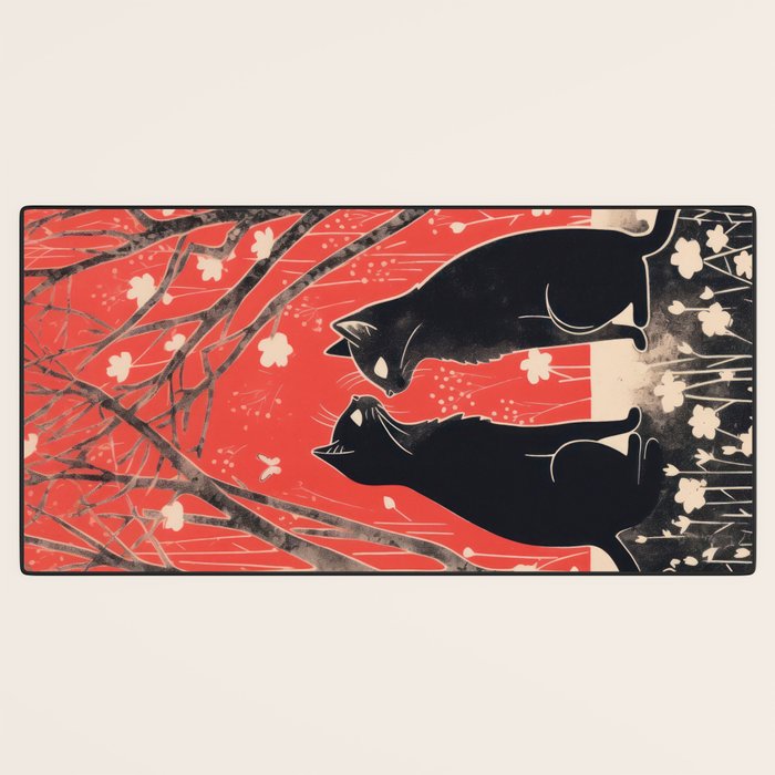 Forest Blossom Black Cat Pair Desk Mat Gallery Image 3