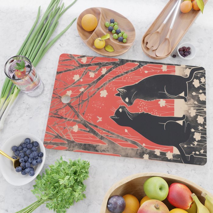 Forest Blossom Black Cat Pair Cutting Board Gallery Image 2