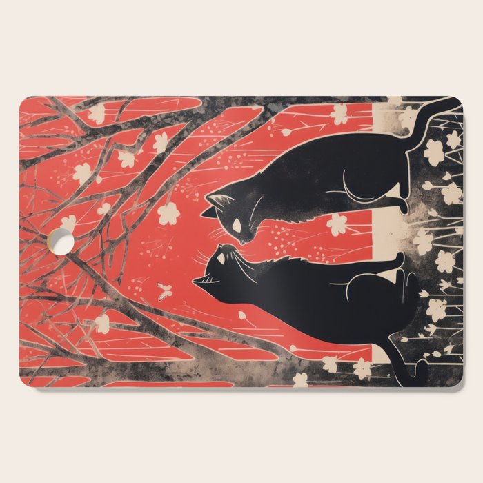Forest Blossom Black Cat Pair Cutting Board Gallery Image 1