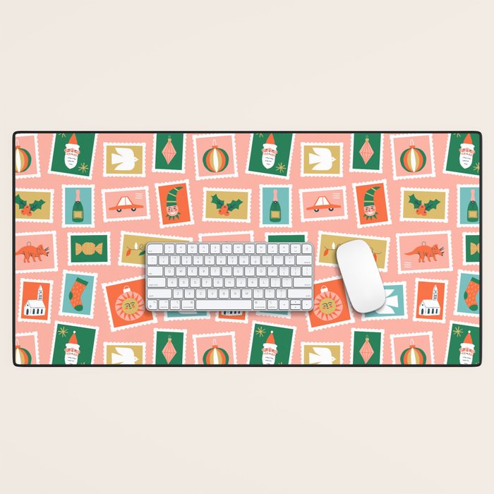 Vintage christmas postage stamp sticker pattern Desk Mat Gallery Image 1