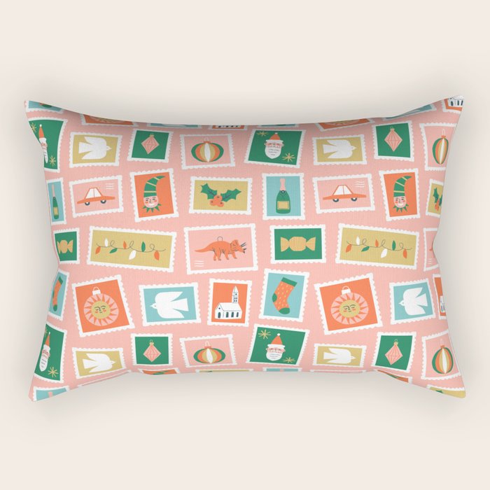 Vintage christmas postage stamp sticker pattern Rectangular Pillow Gallery Image 2