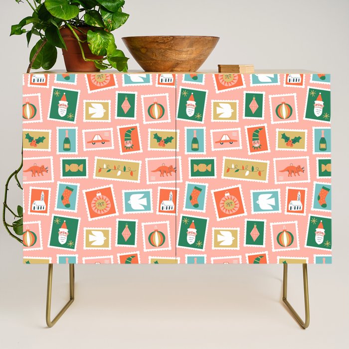Vintage christmas postage stamp sticker pattern Credenza Gallery Image 1