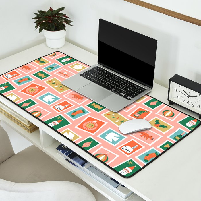 Vintage christmas postage stamp sticker pattern Desk Mat Gallery Image 2