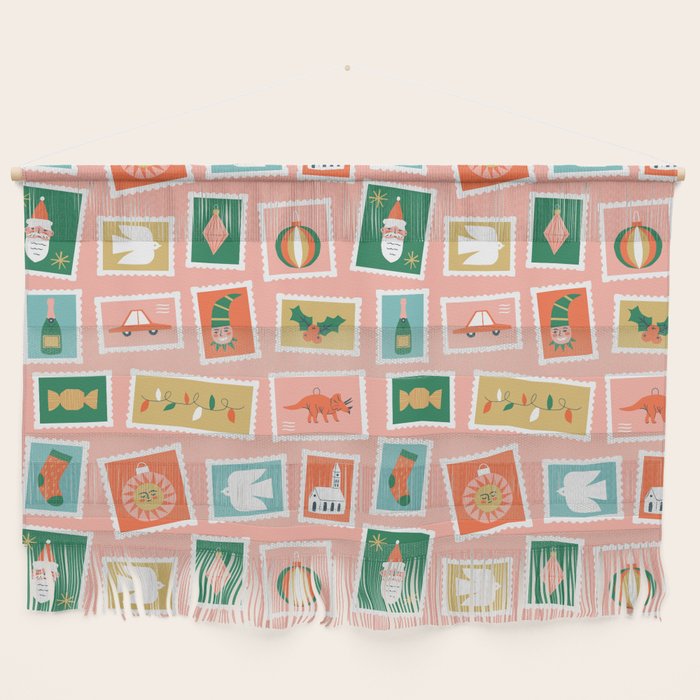 Vintage christmas postage stamp sticker pattern Wall Hanging Gallery Image 1