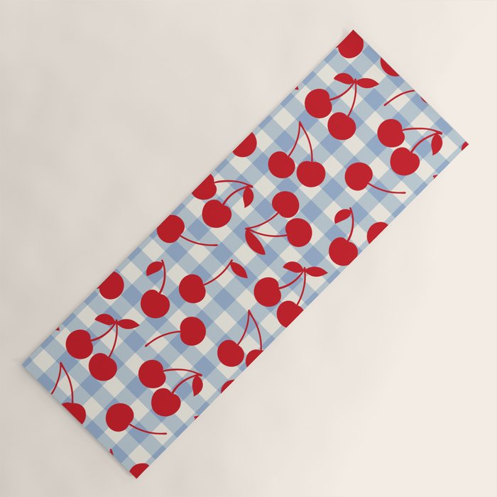Red Cherries & Baby Blue Gingham Yoga Mat Gallery Image 1