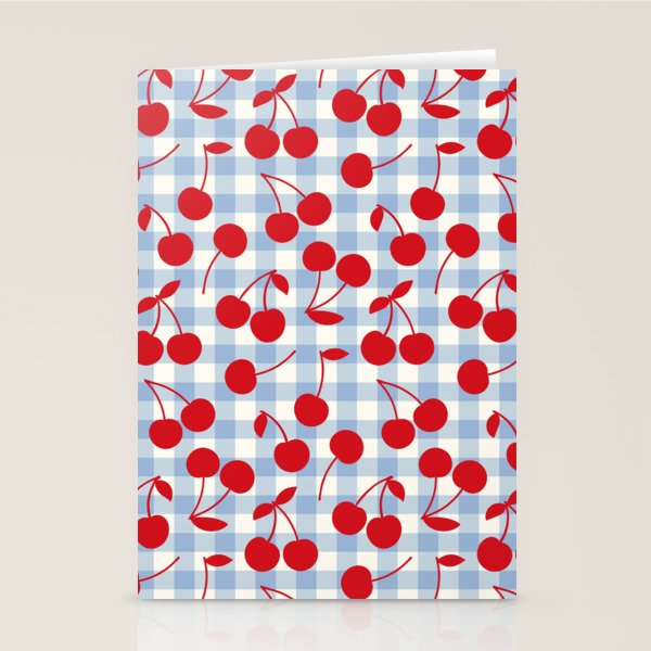 Red Cherries & Baby Blue Gingham Stationery Card Gallery Image 1