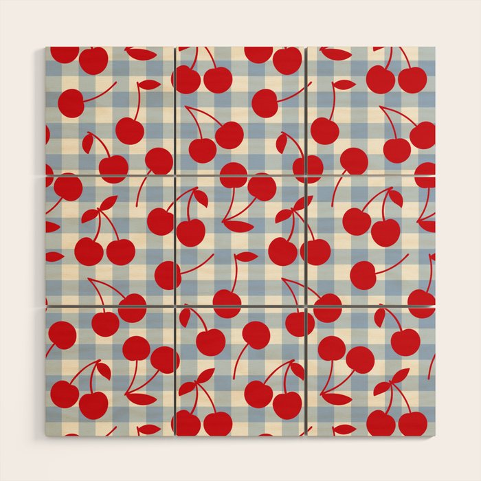 Red Cherries & Baby Blue Gingham Wood Wall Art Gallery Image 1