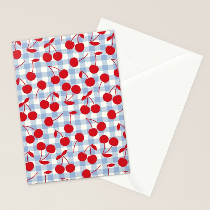Red Cherries & Baby Blue Gingham Stationery Card Gallery Image 2