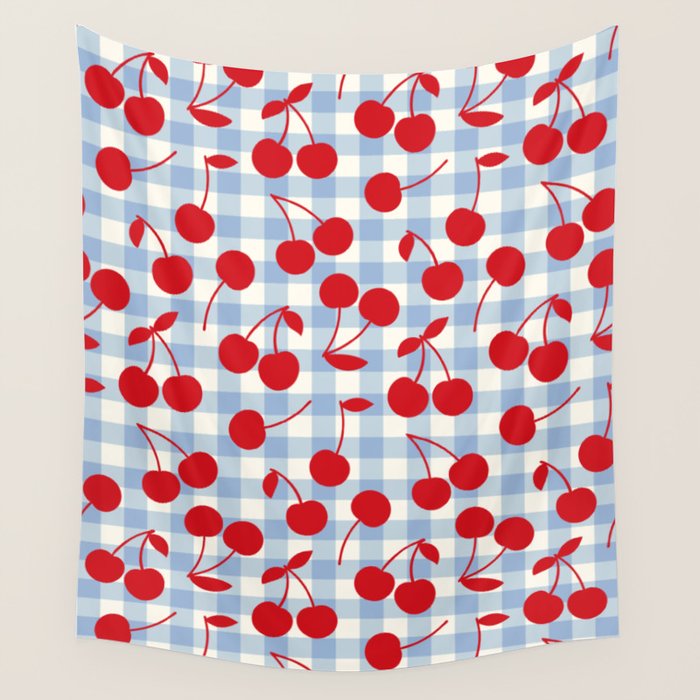 Red Cherries & Baby Blue Gingham Wall Tapestry Gallery Image 4