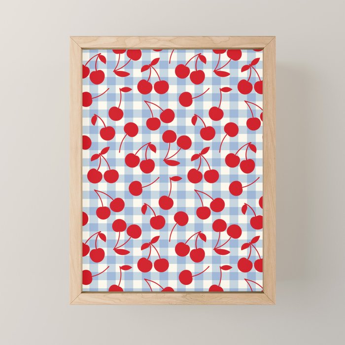 Red Cherries & Baby Blue Gingham Mini Art Print Gallery Image 1