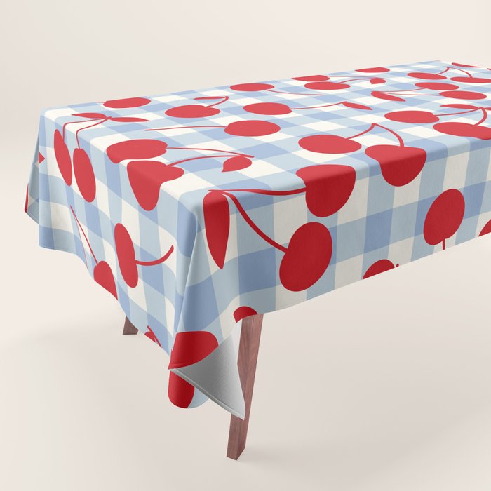 Red Cherries & Baby Blue Gingham Tablecloth Gallery Image 1