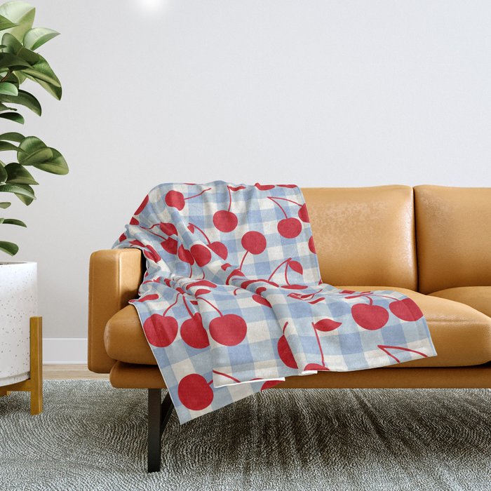Red Cherries & Baby Blue Gingham Throw Blanket Gallery Image 1