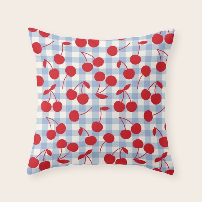 Red Cherries & Baby Blue Gingham Throw Pillow Gallery Image 1
