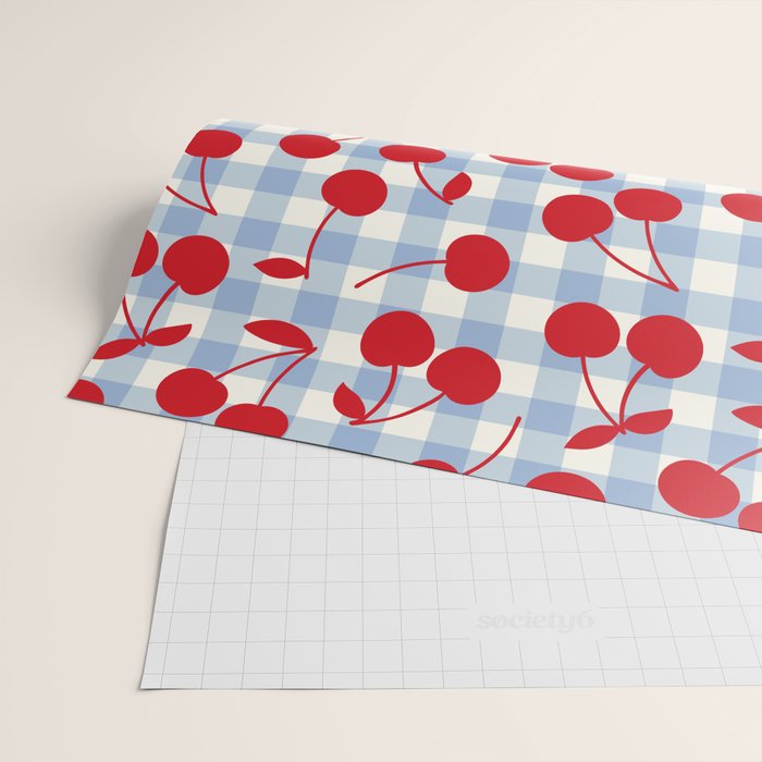 Red Cherries & Baby Blue Gingham Wrapping Paper Gallery Image 2