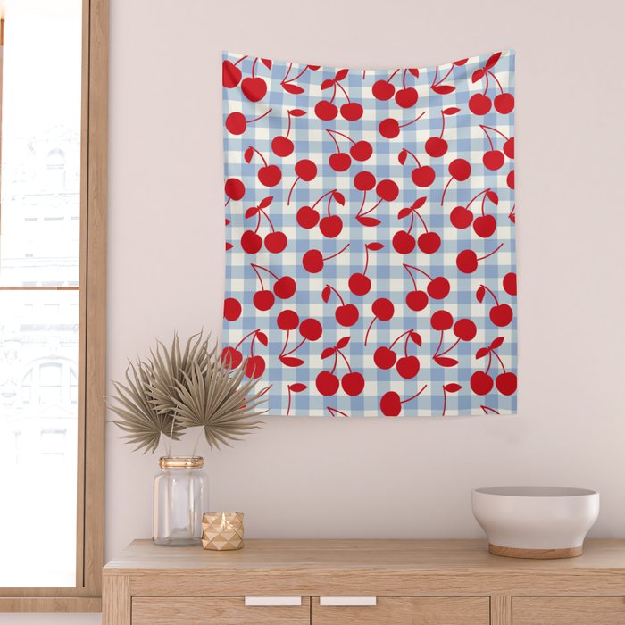 Red Cherries & Baby Blue Gingham Wall Tapestry Gallery Image 2