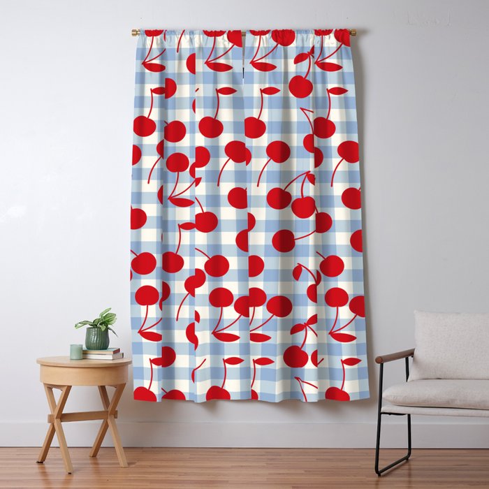 Red Cherries & Baby Blue Gingham Window Curtain Gallery Image 1