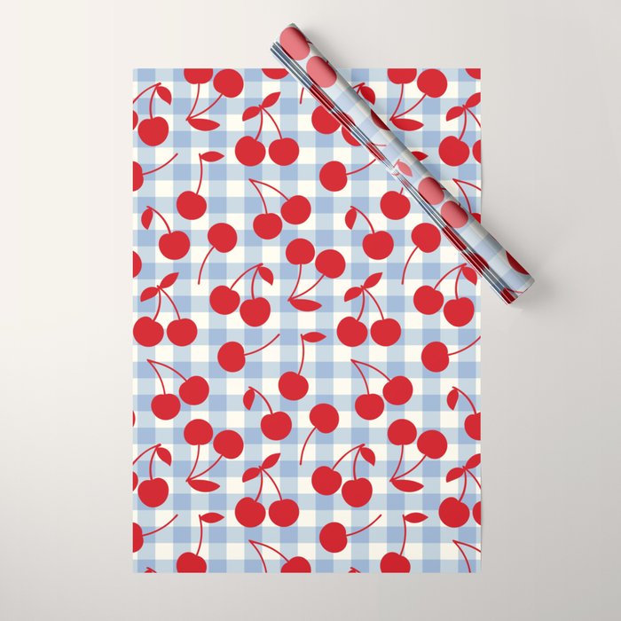 Red Cherries & Baby Blue Gingham Wrapping Paper Gallery Image 1