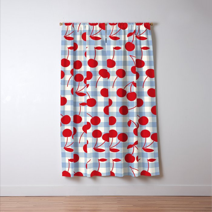 Red Cherries & Baby Blue Gingham Window Curtain Gallery Image 3